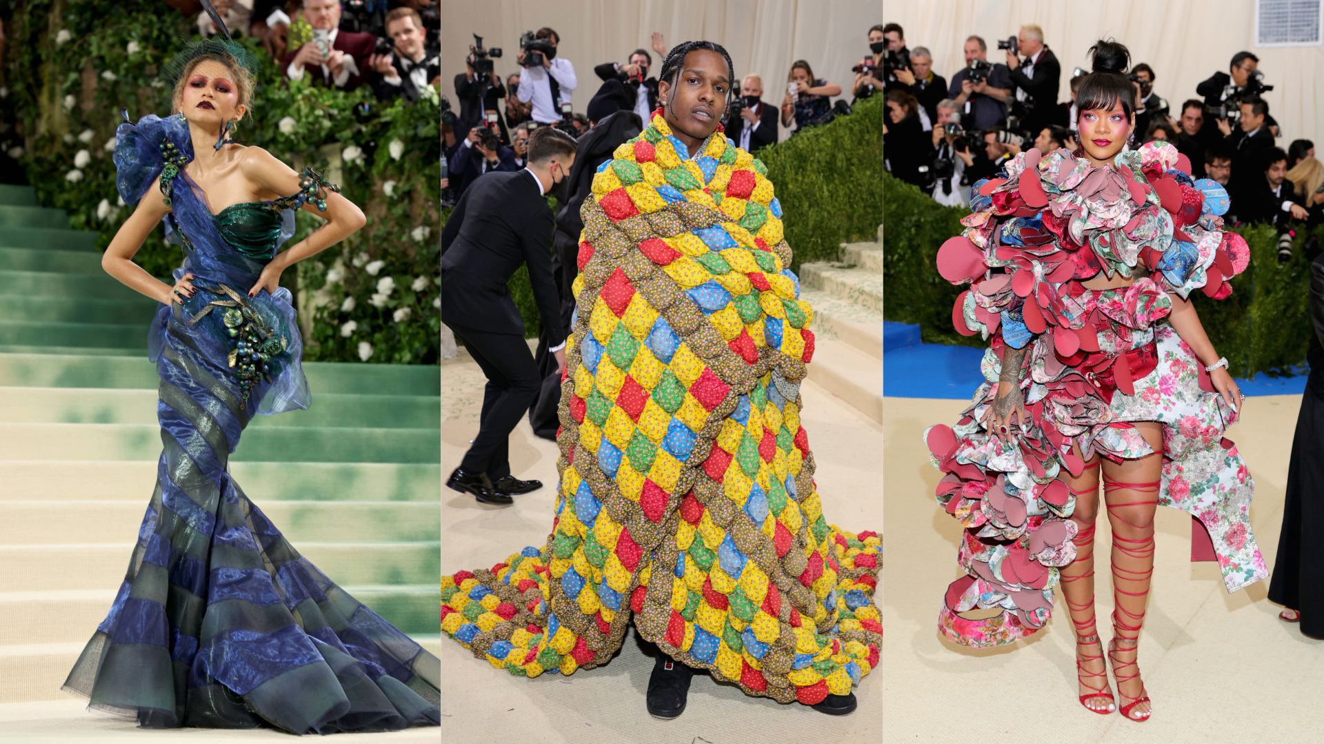 Rihanna at the Met Gala, wearing an ornate, bejeweled silver gown and headpiece, surrounded by photographers.